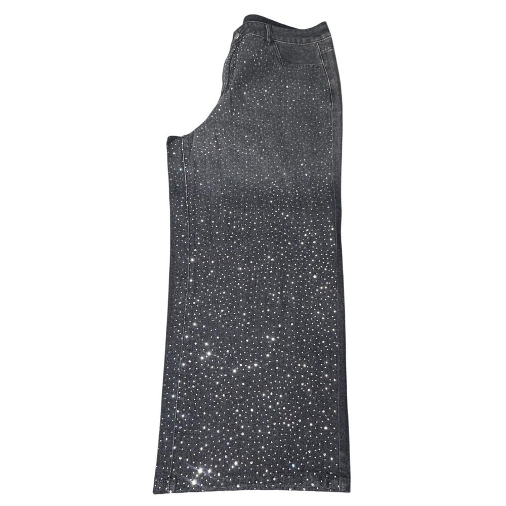 ANEWSTA Jeans Womens 1XL Rhinestone Denim Statemnt Black Wide Leg Festival Curve - Picture 7 of 12